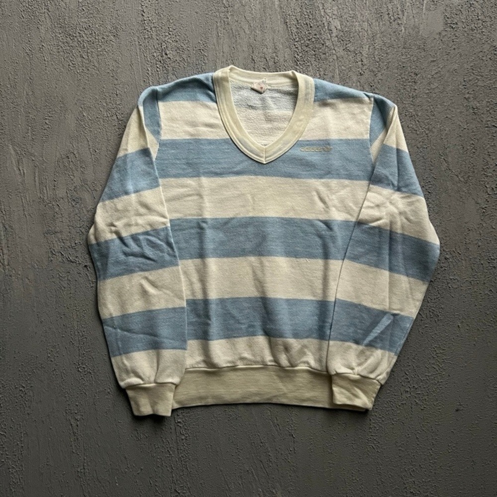 Vintage Adidas Sweatshirt Medium Blue‎ 1980s Striped V-Neck Pullover